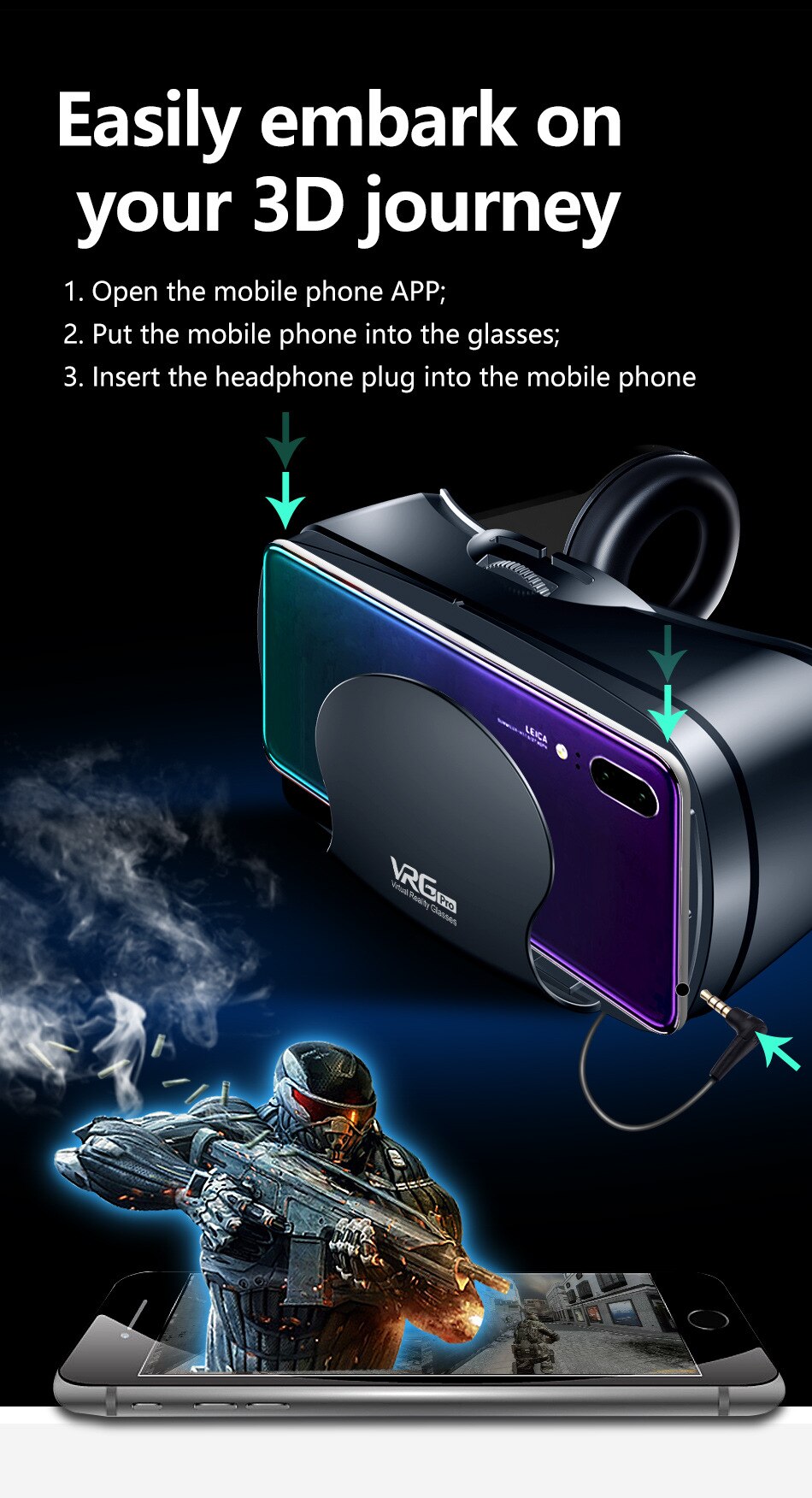 3D VR Smart Glasses Headset Virtual Reality Helmet Smartphone Full Screen Vision Wide Angle Lens with Controller Headset 7 Inch