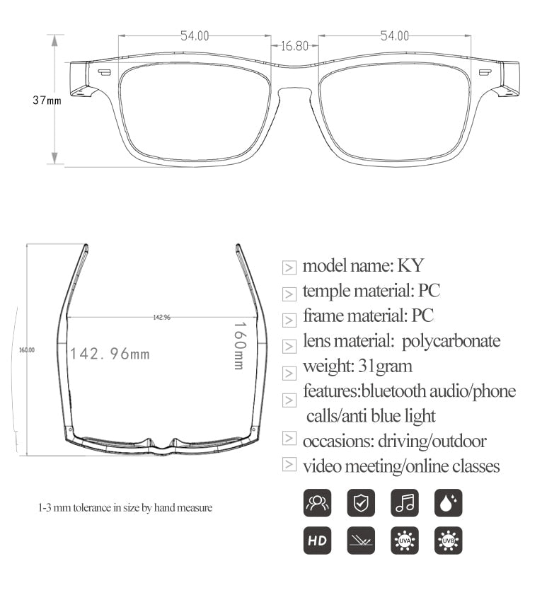 Smart Glasses Wireless Bluetooth 5.0 Sunglasses Outdoor Smart Sport Hands-Free Calling Music Anti-Blue Eyeglasses